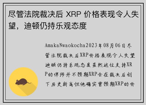 尽管法院裁决后 XRP 价格表现令人失望，迪顿仍持乐观态度 