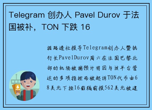 Telegram 创办人 Pavel Durov 于法国被补，TON 下跌 16